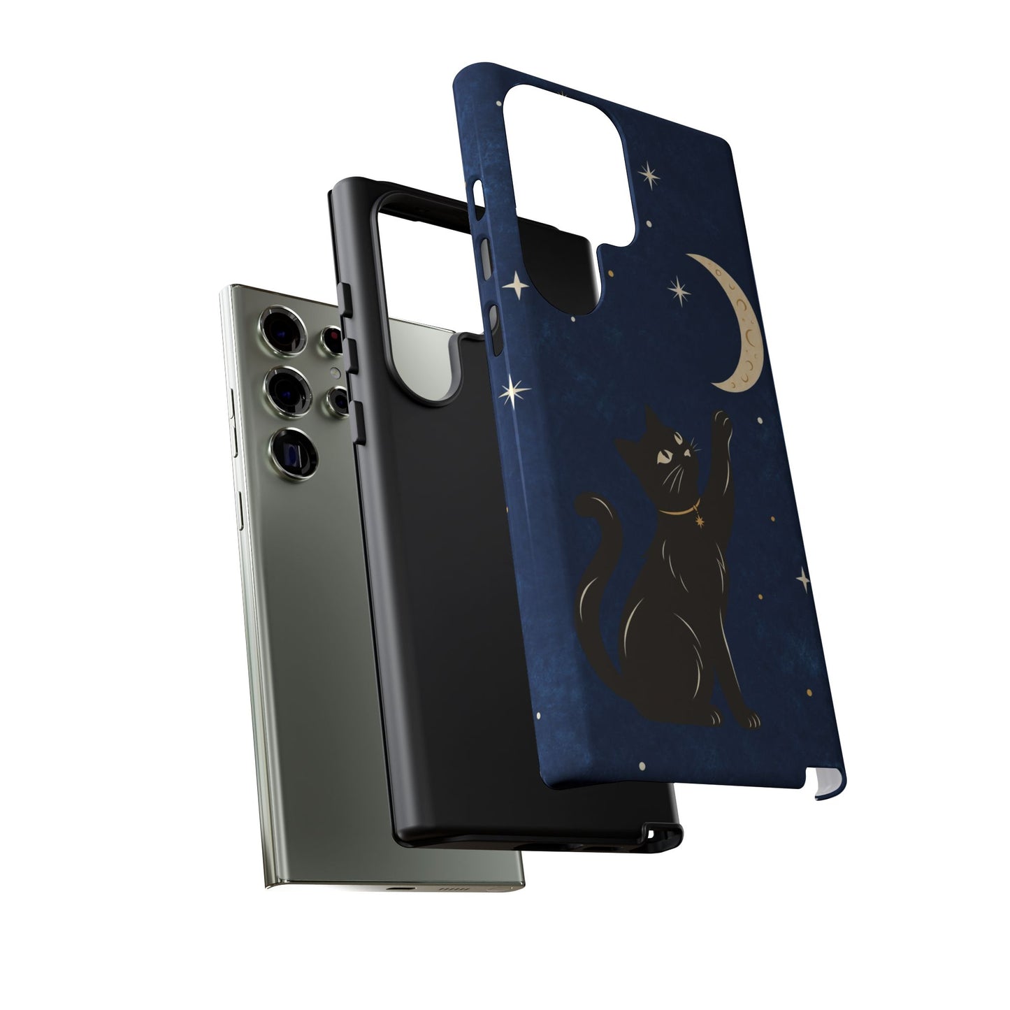 Whimsical Navy Blue Celestial Black Cat Phone Case