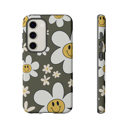 Fun Retro Daisy Pattern with Olive Green Background Phone Case - Green Phone Case - Samsung Galaxy S23 / Glossy