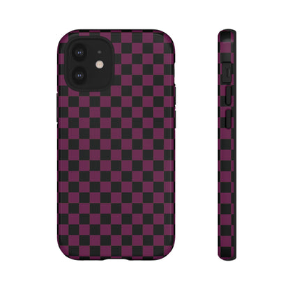 iPhone 12 Mini / Glossy Phone Case - Trendy Plum & Black Small Checked Pattern Phone Case
