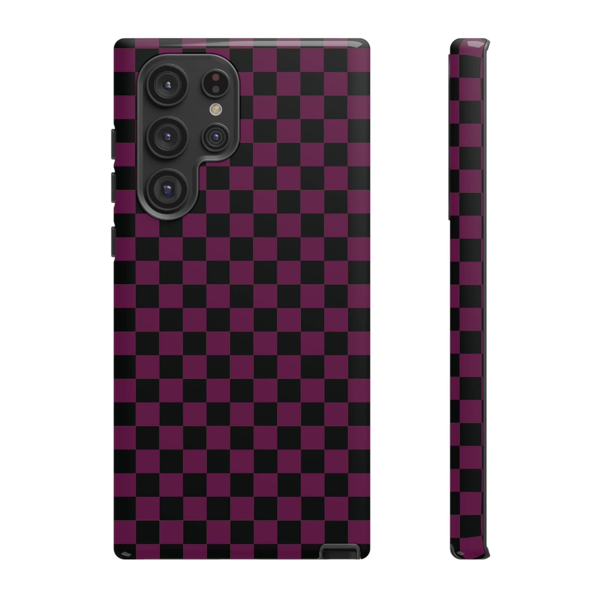 Samsung Galaxy S22 Ultra / Glossy Phone Case - Trendy Plum & Black Small Checked Pattern Phone Case