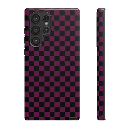 Samsung Galaxy S22 Ultra / Glossy Phone Case - Trendy Plum & Black Small Checked Pattern Phone Case