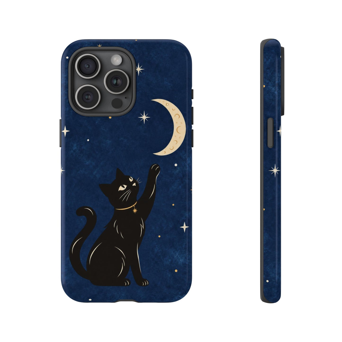 Whimsical Navy Blue Celestial Black Cat Phone Case