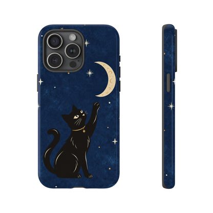 Whimsical Navy Blue Celestial Black Cat Phone Case