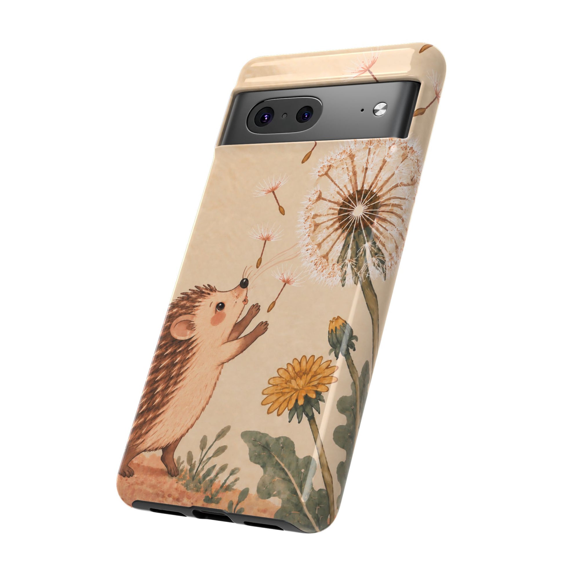 Whimsical Cream Hedgehog and Dandelion Phone Case - White Phone Case