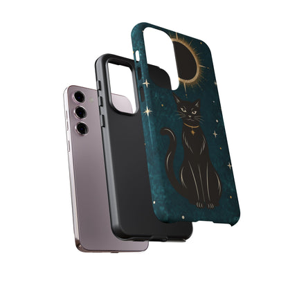 Whimsical Teal Celestial Black Cat Phone Case
