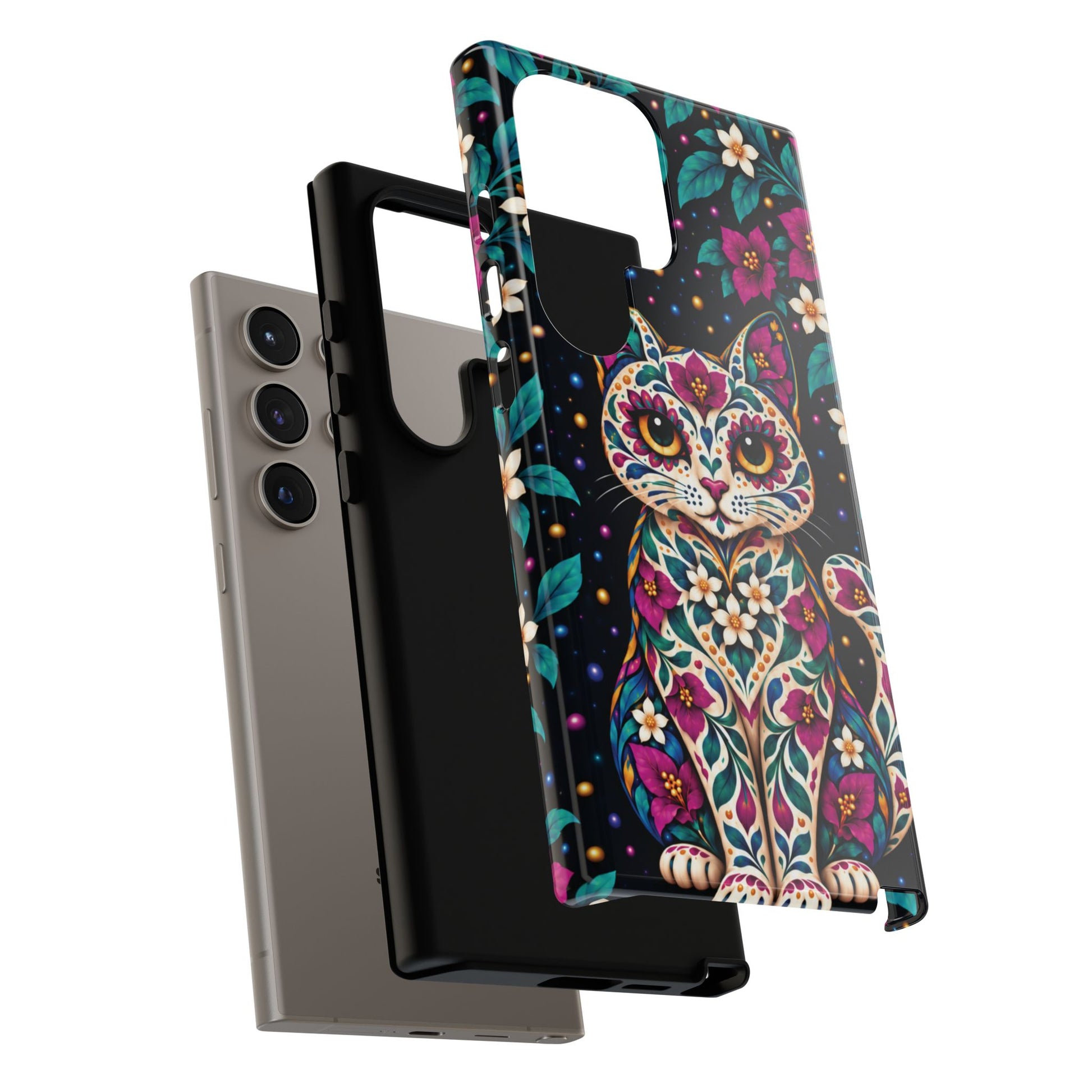 Vibrant Purple and Teal Calavera Cat Phone Case - Multicolor Phone Case