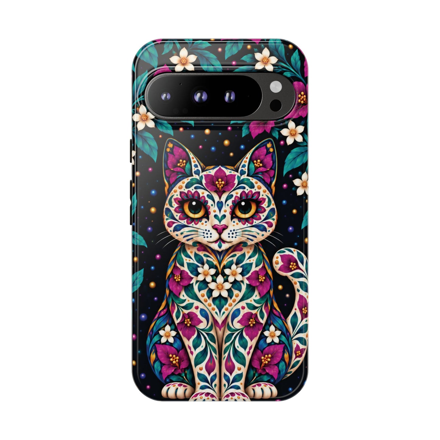 Vibrant Purple and Teal Calavera Cat Phone Case - Multicolor Phone Case - Google Pixel 9 Pro XL / Glossy