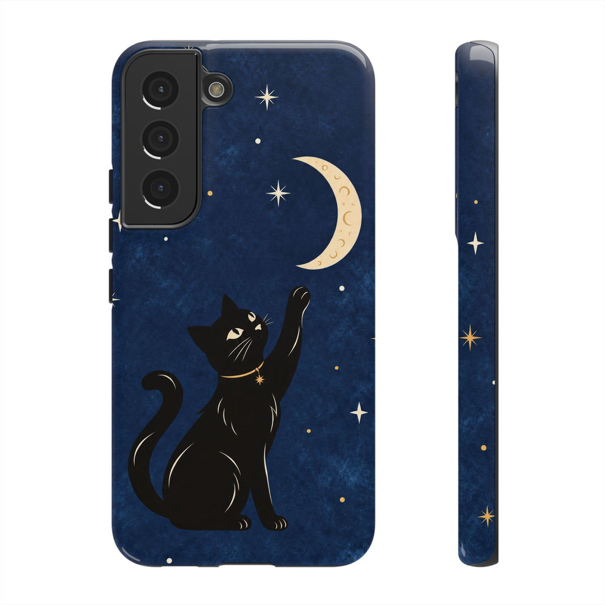 Whimsical Navy Blue Celestial Black Cat Phone Case