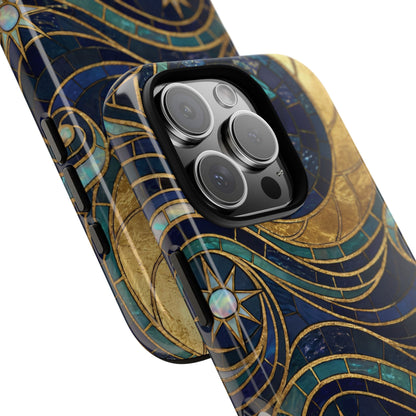 Elegant Navy & Gold Crescent Moon Mosaic Phone Case