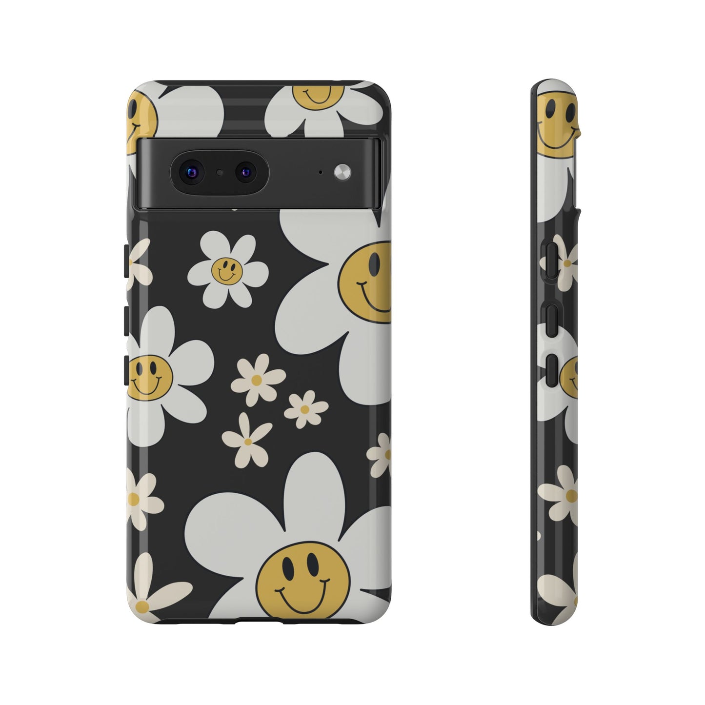 Google Pixel 7 / Glossy Phone Case - Fun Retro Daisy Pattern with Dark Grey Background Phone Case