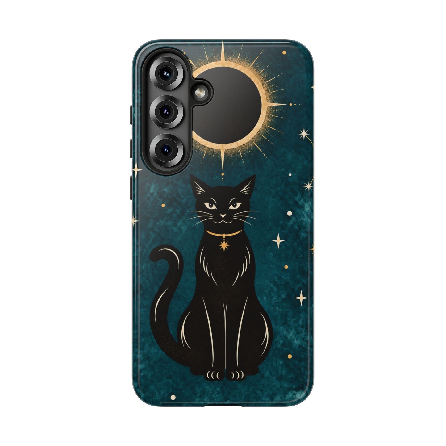 Whimsical Teal Celestial Black Cat Phone Case