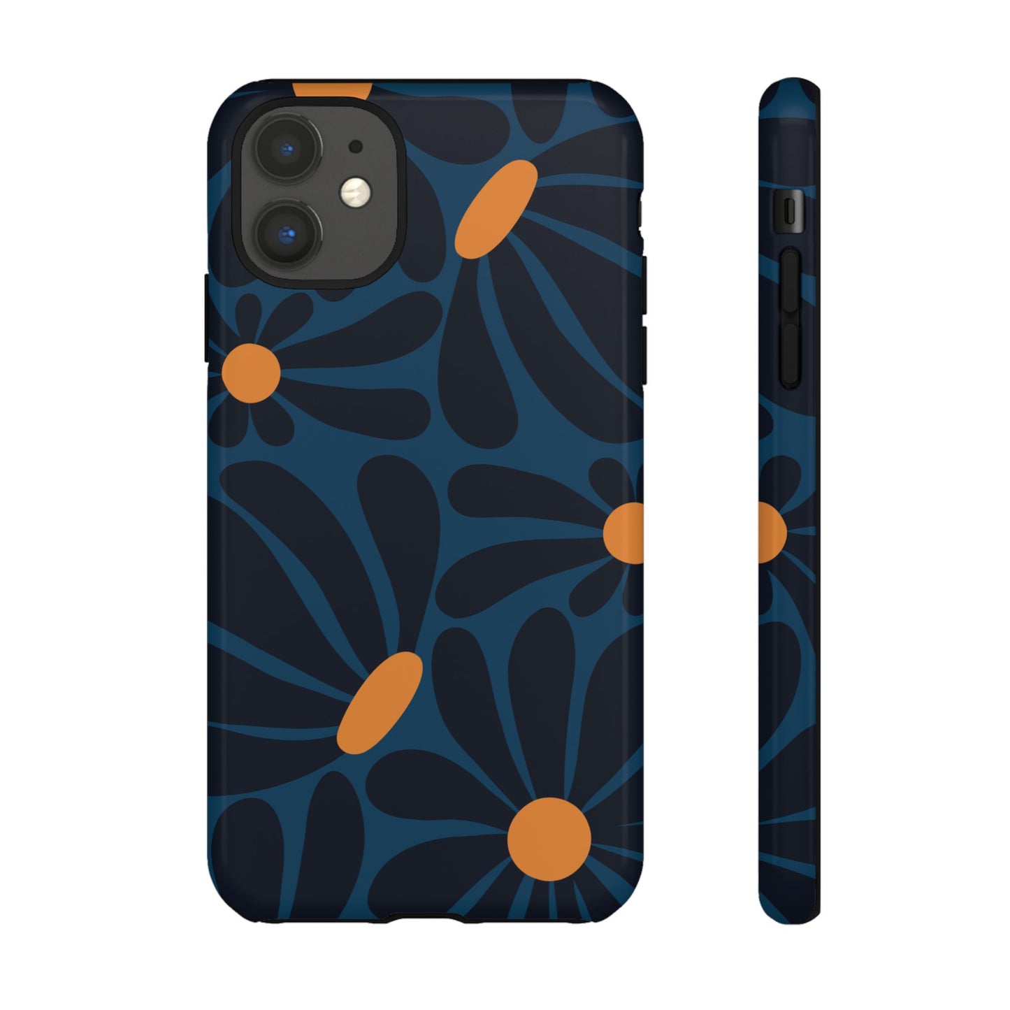 iPhone 11 / Glossy Phone Case - ’Dark Blue & Orange Daisy Pattern’ Phone Case