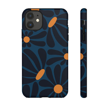 iPhone 11 / Glossy Phone Case - ’Dark Blue & Orange Daisy Pattern’ Phone Case
