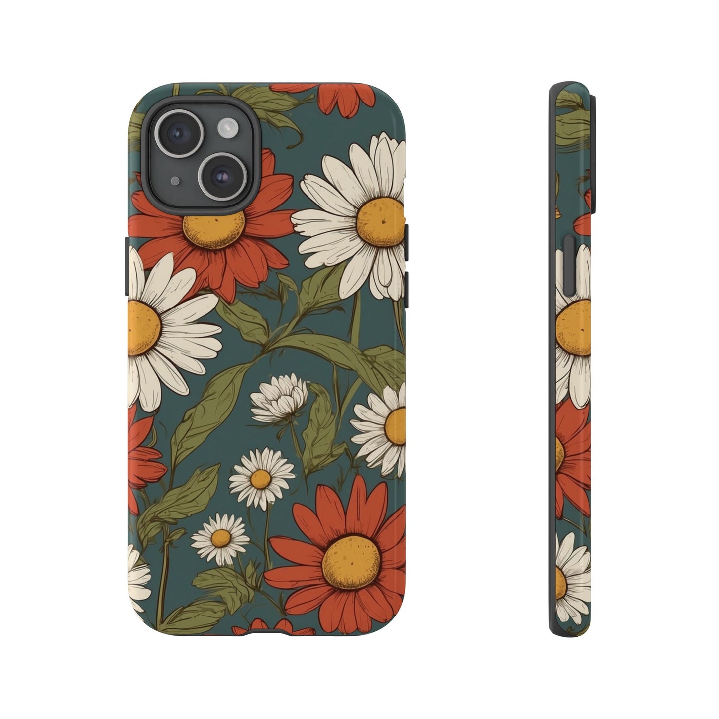 iPhone 15 Plus / Glossy Phone Case - Boho Chic Daisies Floral Pattern ’White & Red’ Phone Case