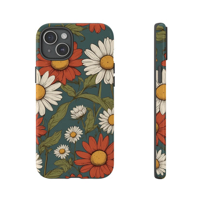 iPhone 15 Plus / Glossy Phone Case - Boho Chic Daisies Floral Pattern ’White & Red’ Phone Case