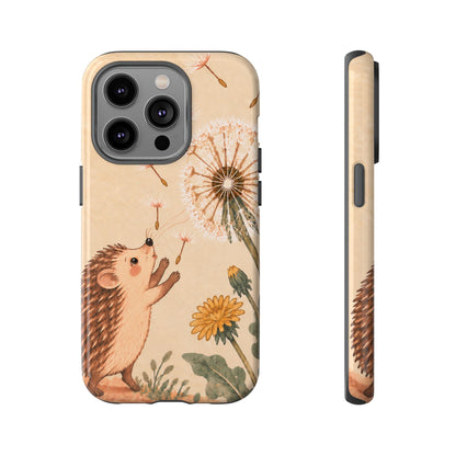 Whimsical Cream Hedgehog and Dandelion Phone Case - White Phone Case - iPhone 14 Pro / Glossy