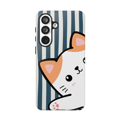 Playful Peakaboo Cat with Blue Stripe Pattern Phone Case - Blue Phone Case - Samsung Galaxy S26 Plus / Glossy
