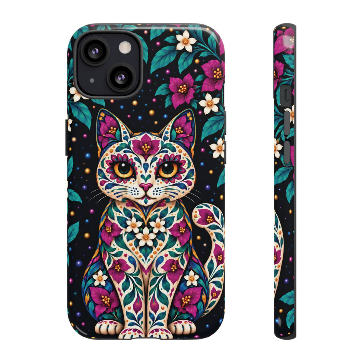 Vibrant Purple and Teal Calavera Cat Phone Case - Multicolor Phone Case - iPhone 13 / Glossy