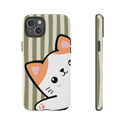 iPhone 15 Plus / Glossy Phone Case - Peakaboo Cat with Green Stripe Pattern Phone Case