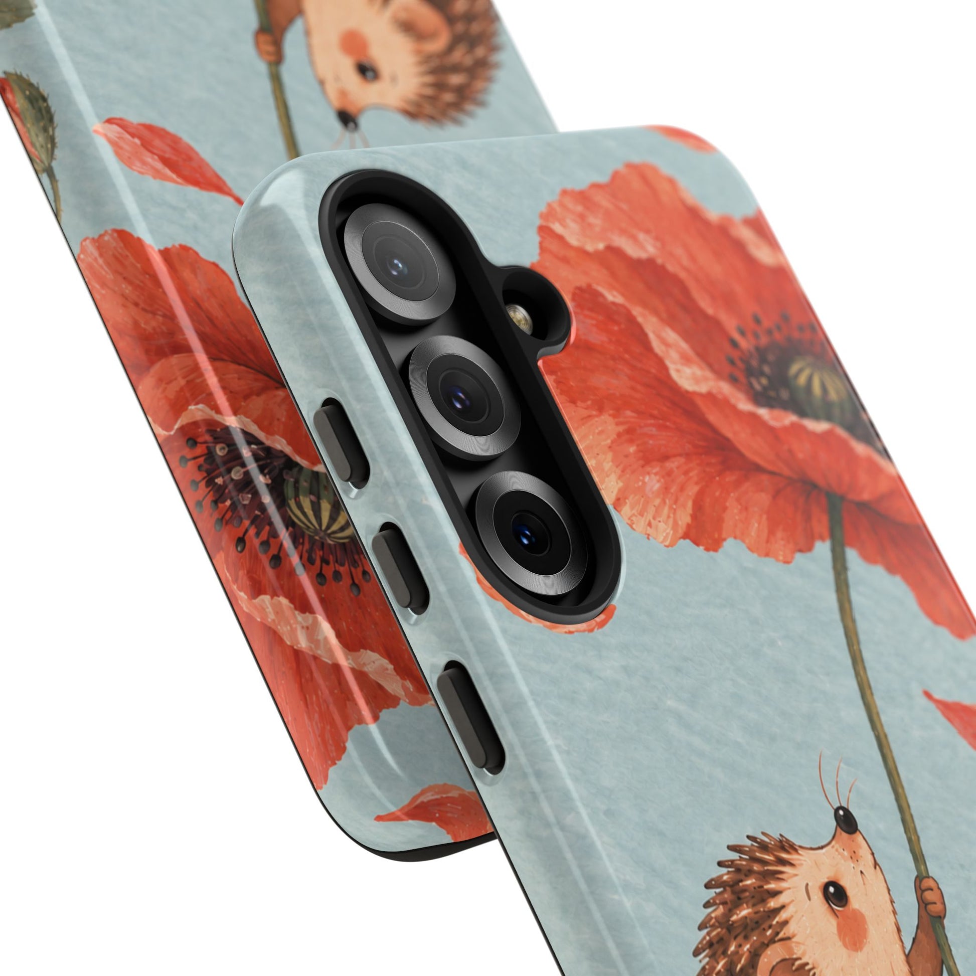 Whimsical Pale Blue Hedgehog and Poppy Phone Case - Blue Phone Case
