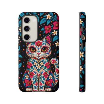 Vibrant Pink and Turquoise Calavera Cat Phone Case - Multicolor Phone Case - Samsung Galaxy S23 / Glossy