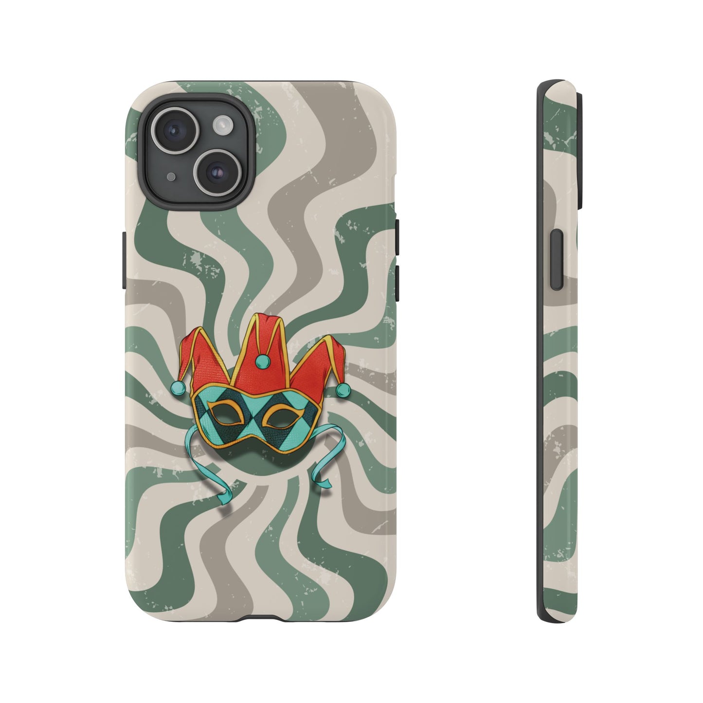 iPhone 15 Plus / Glossy Phone Case - Venetian Jester Mask – Green Retro Soft Revival Phone Case