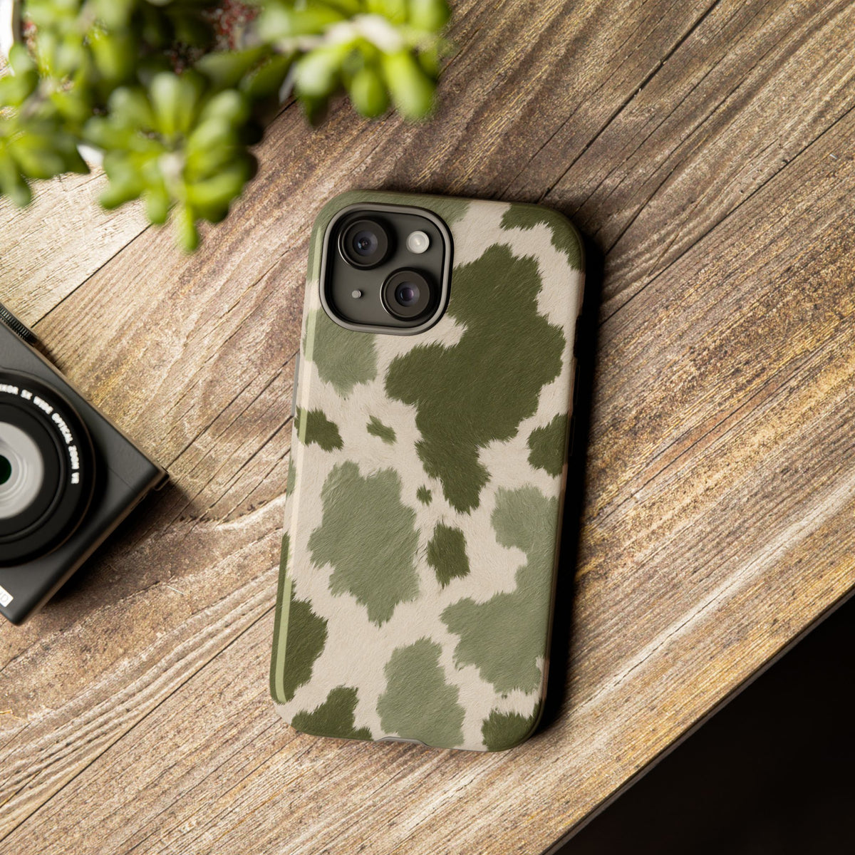 Stylish Olive Green Cow Print Phone Case - Green Phone Case