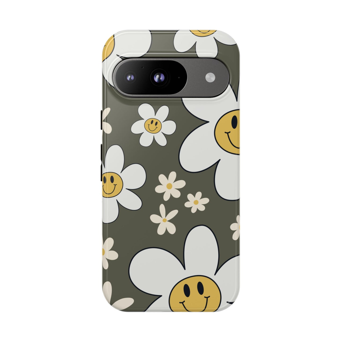Google Pixel 9 / Glossy Phone Case - Fun Retro Daisy Pattern with Olive Green Background Phone Case