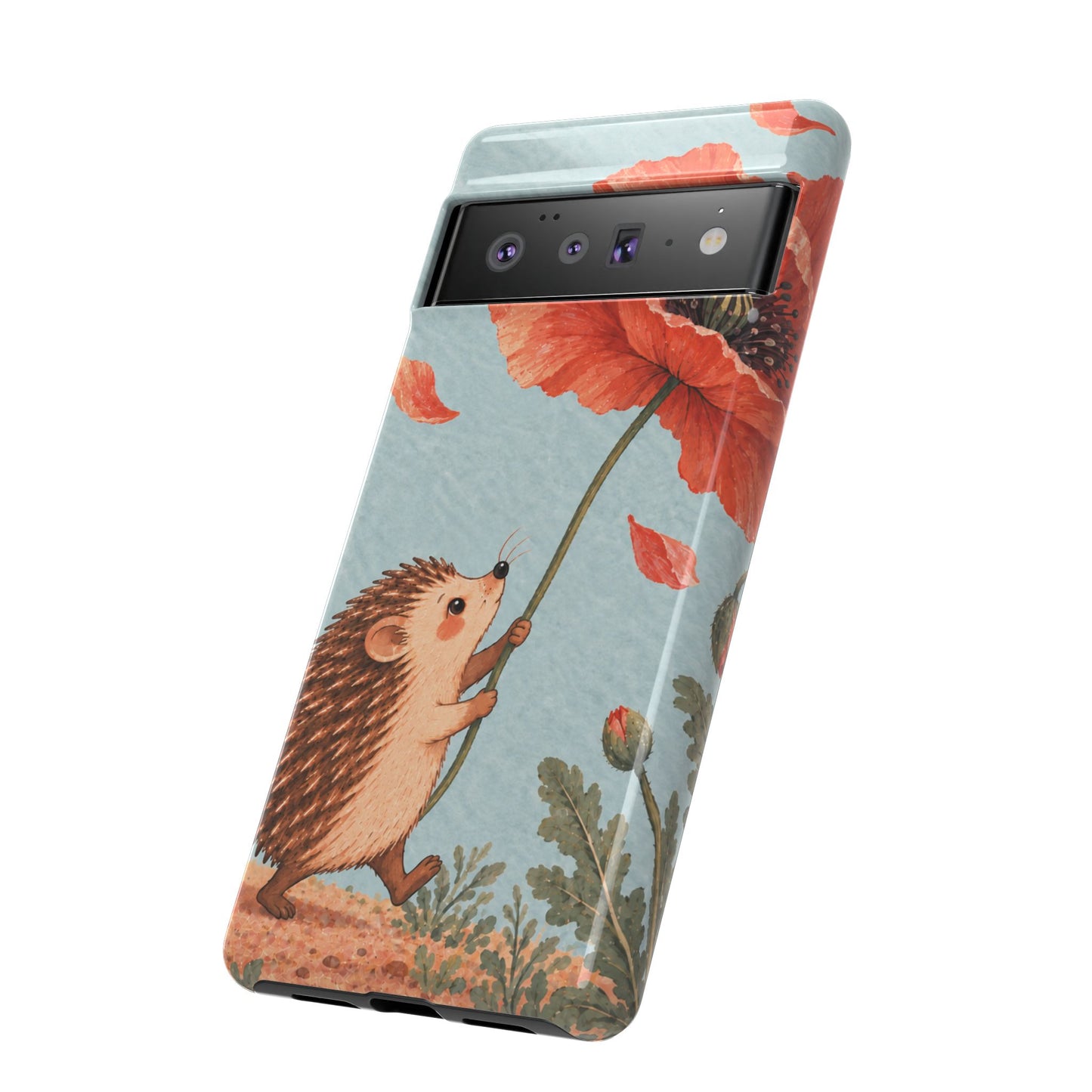 Whimsical Pale Blue Hedgehog and Poppy Phone Case - Blue Phone Case
