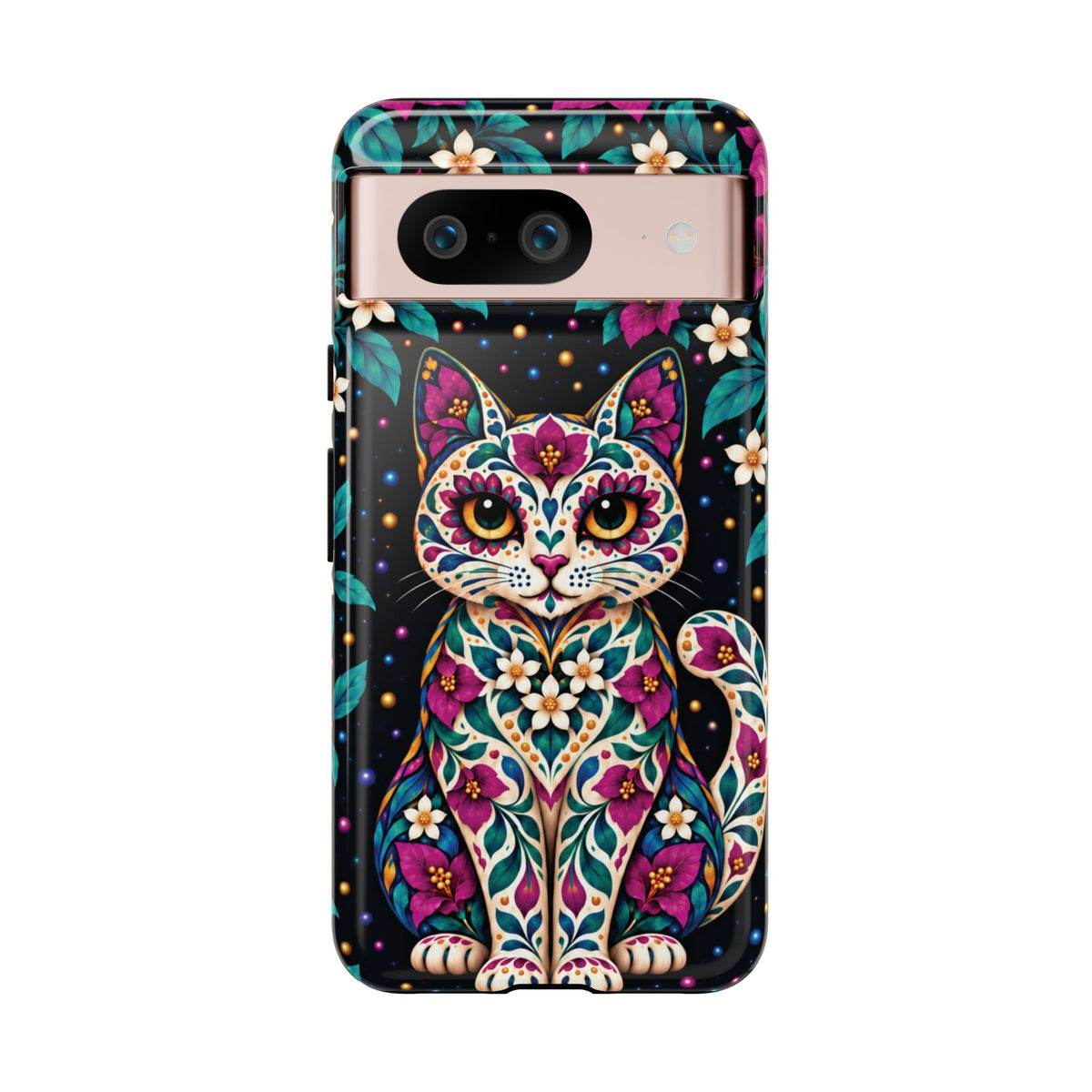 Vibrant Purple and Teal Calavera Cat Phone Case - Multicolor Phone Case - Google Pixel 8 / Glossy