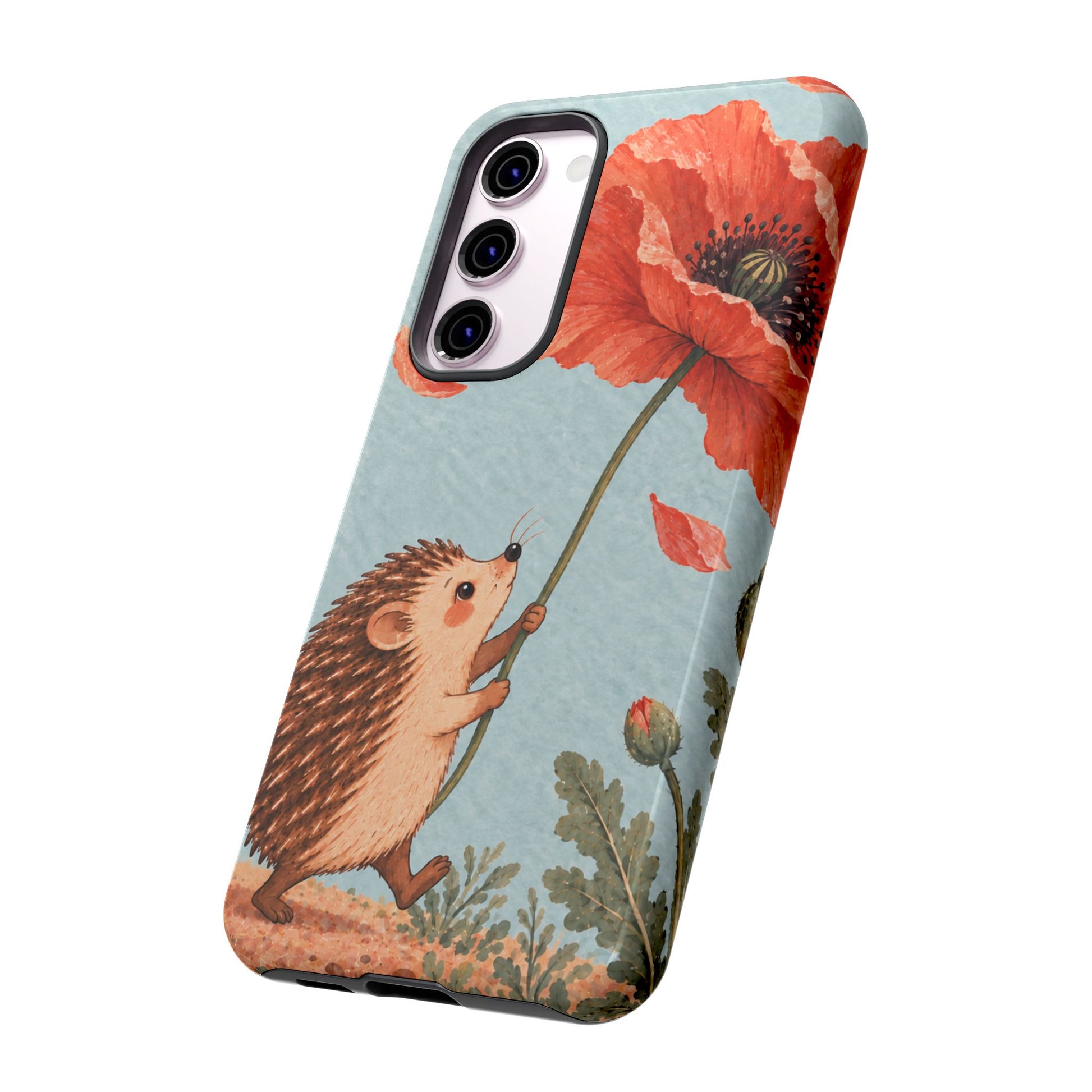 Whimsical Pale Blue Hedgehog and Poppy Phone Case - Blue Phone Case