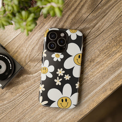 Fun Retro Daisy Pattern with Dark Grey Background Phone Case - Grey Phone Case
