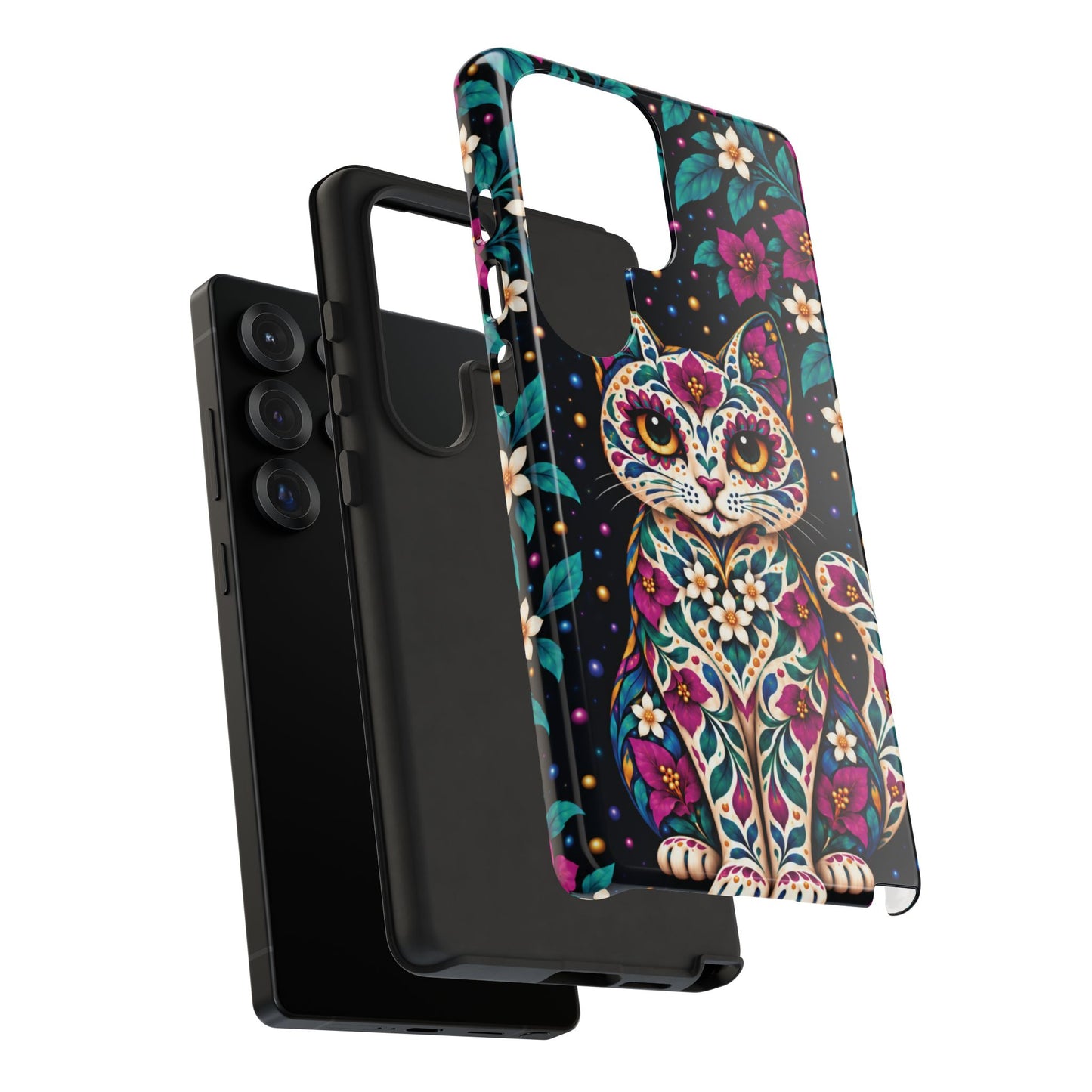 Vibrant Purple and Teal Calavera Cat Phone Case - Multicolor Phone Case