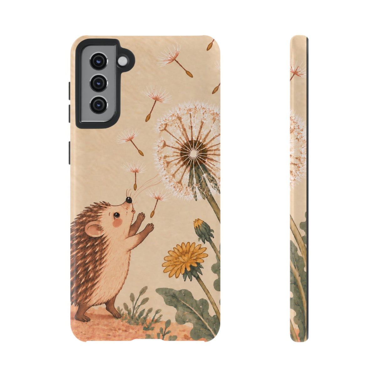 Whimsical Cream Hedgehog and Dandelion Phone Case - White Phone Case - Samsung Galaxy S21 Plus / Glossy