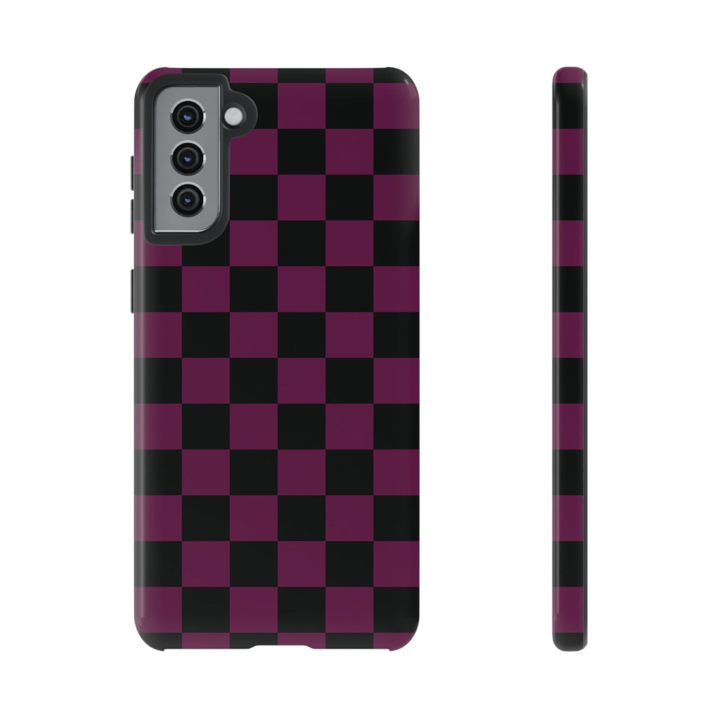 Samsung Galaxy S21 Plus / Glossy Phone Case - Trendy Plum & Black Checked Pattern Phone Case