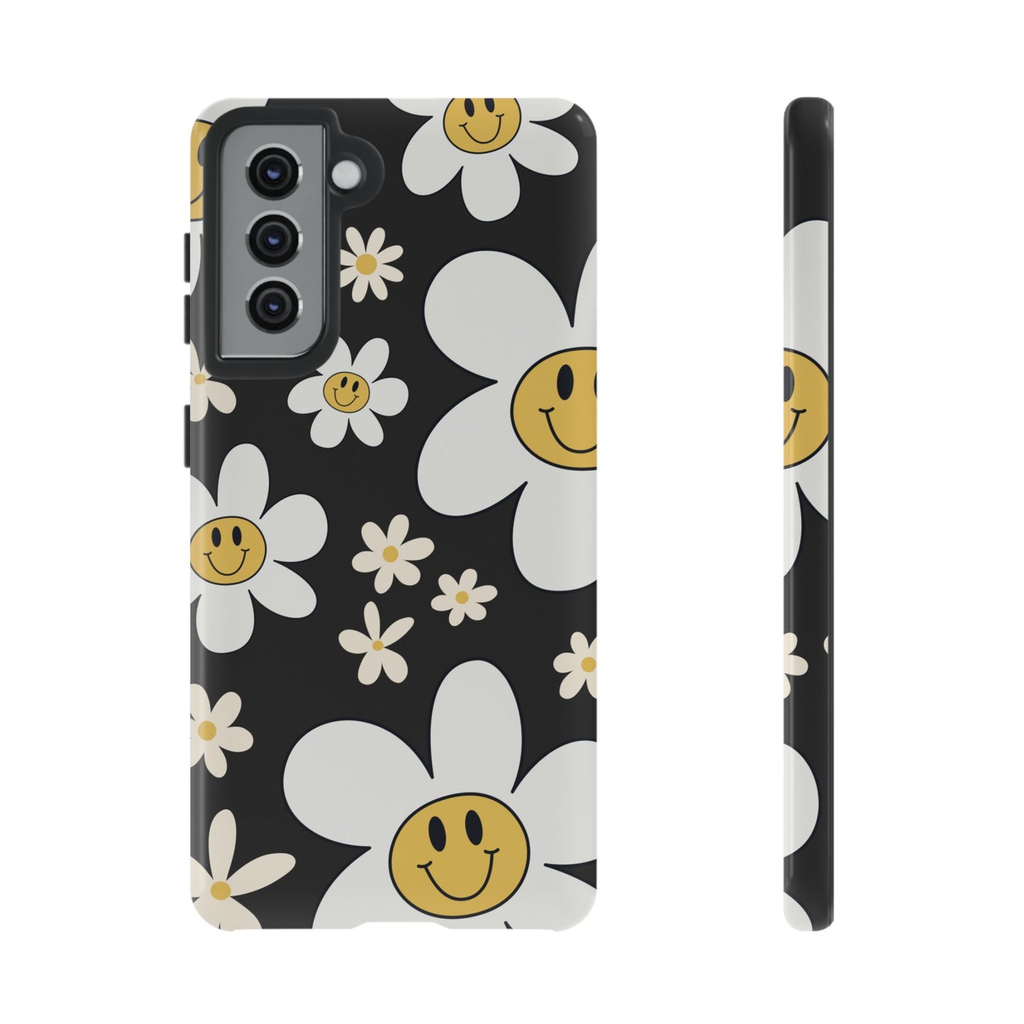 Samsung Galaxy S21 / Glossy Phone Case - Fun Retro Daisy Pattern with Dark Grey Background Phone Case