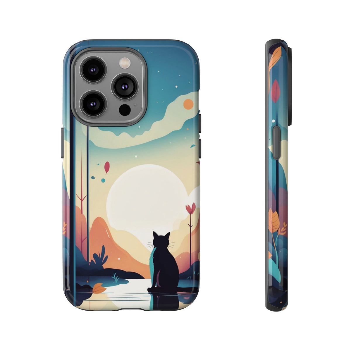 Stylised Cat & Moon Design Phone Case - Multicolor Phone Case - iPhone 14 Pro / Glossy