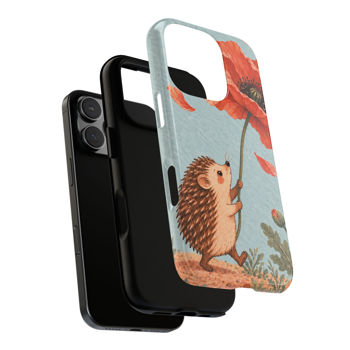 Whimsical Pale Blue Hedgehog and Poppy Phone Case - Blue Phone Case