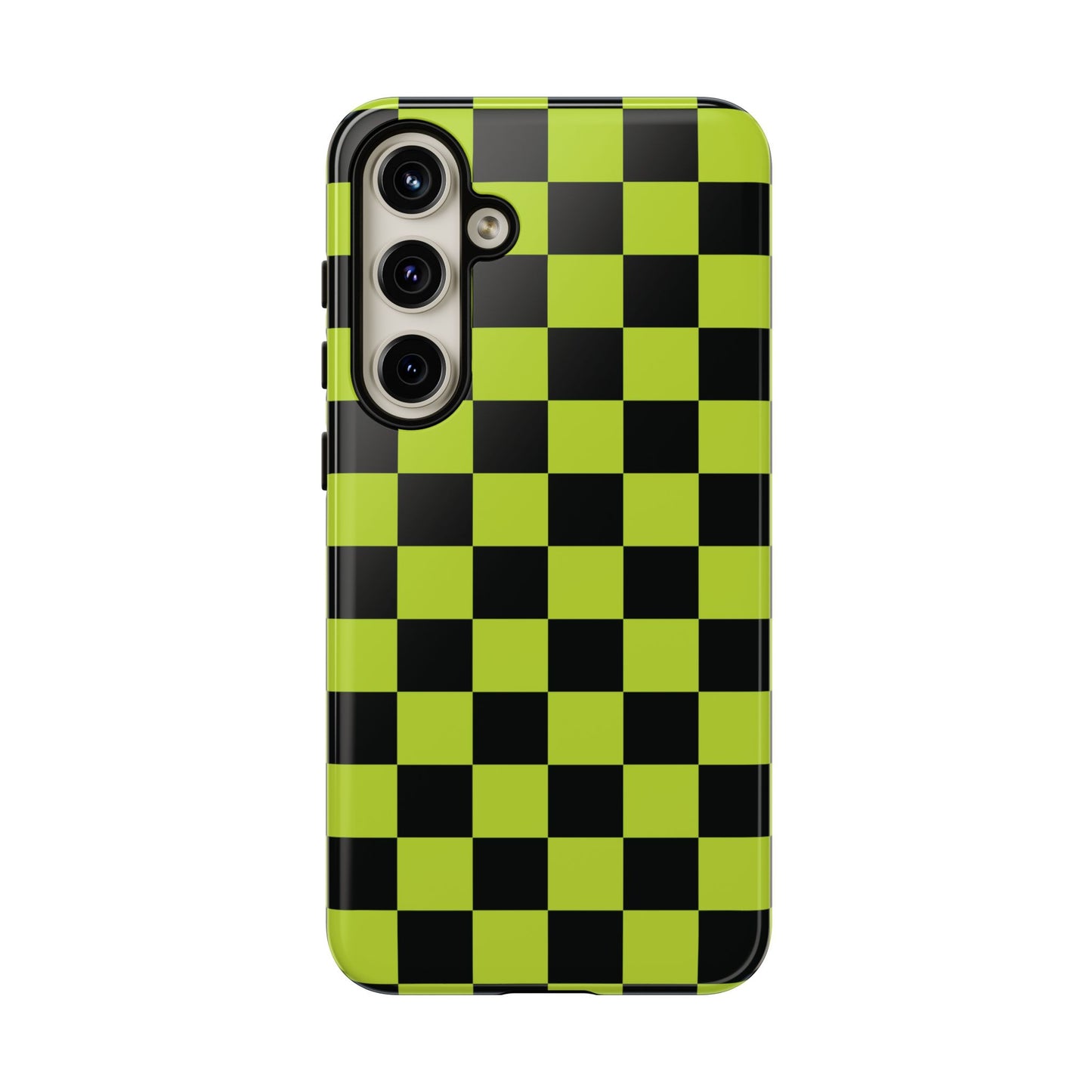 Samsung Galaxy S24 Plus / Glossy Phone Case - Trendy Neon Lime Green & Black Checked Pattern Phone Case