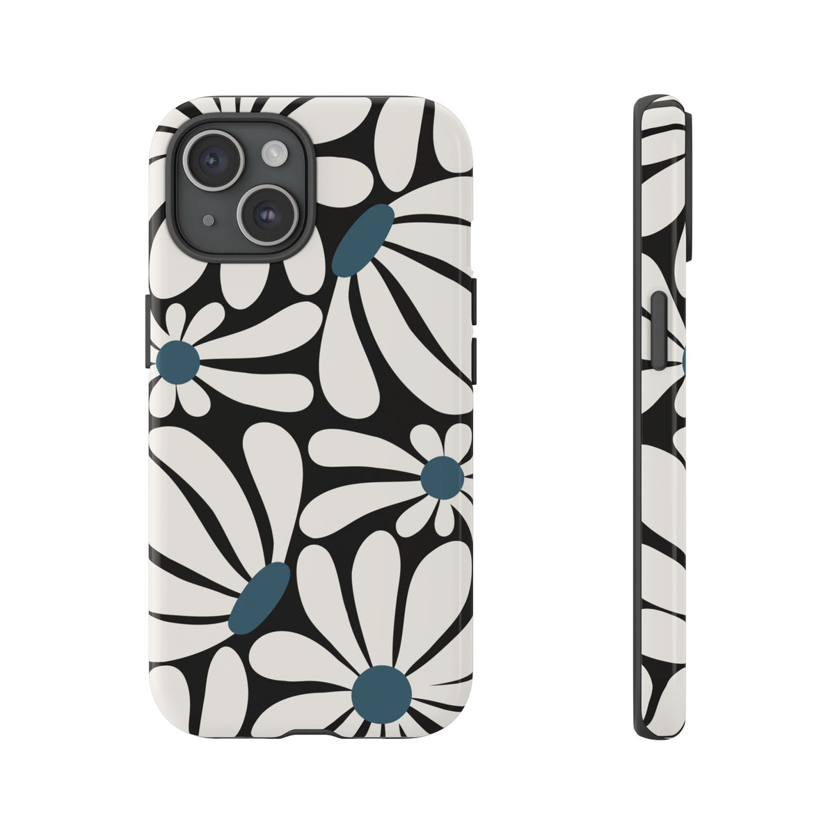 Retro Black Daisy Pattern Phone Case - Black Phone Case - iPhone 15 / Glossy