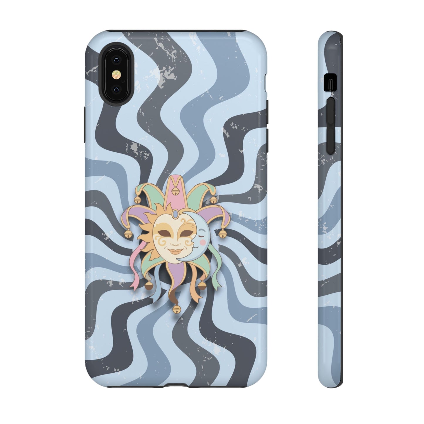 iPhone XS MAX / Glossy Phone Case - Sun & Moon Jester Mask – Blue Retro Wave Phone Case