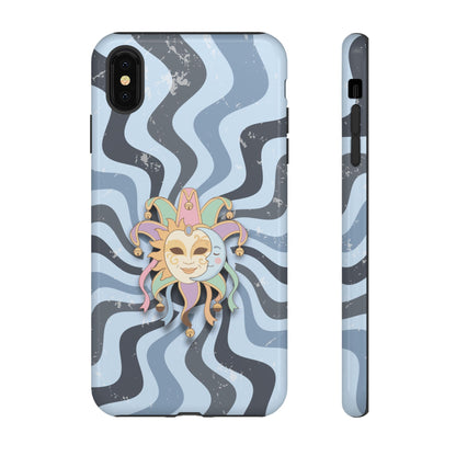 iPhone XS MAX / Glossy Phone Case - Sun & Moon Jester Mask – Blue Retro Wave Phone Case