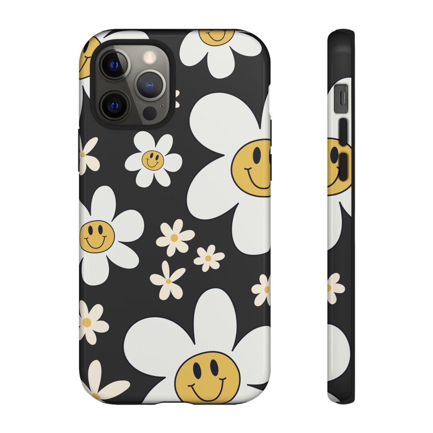 iPhone 12 Pro / Glossy Phone Case - Fun Retro Daisy Pattern with Dark Grey Background Phone Case