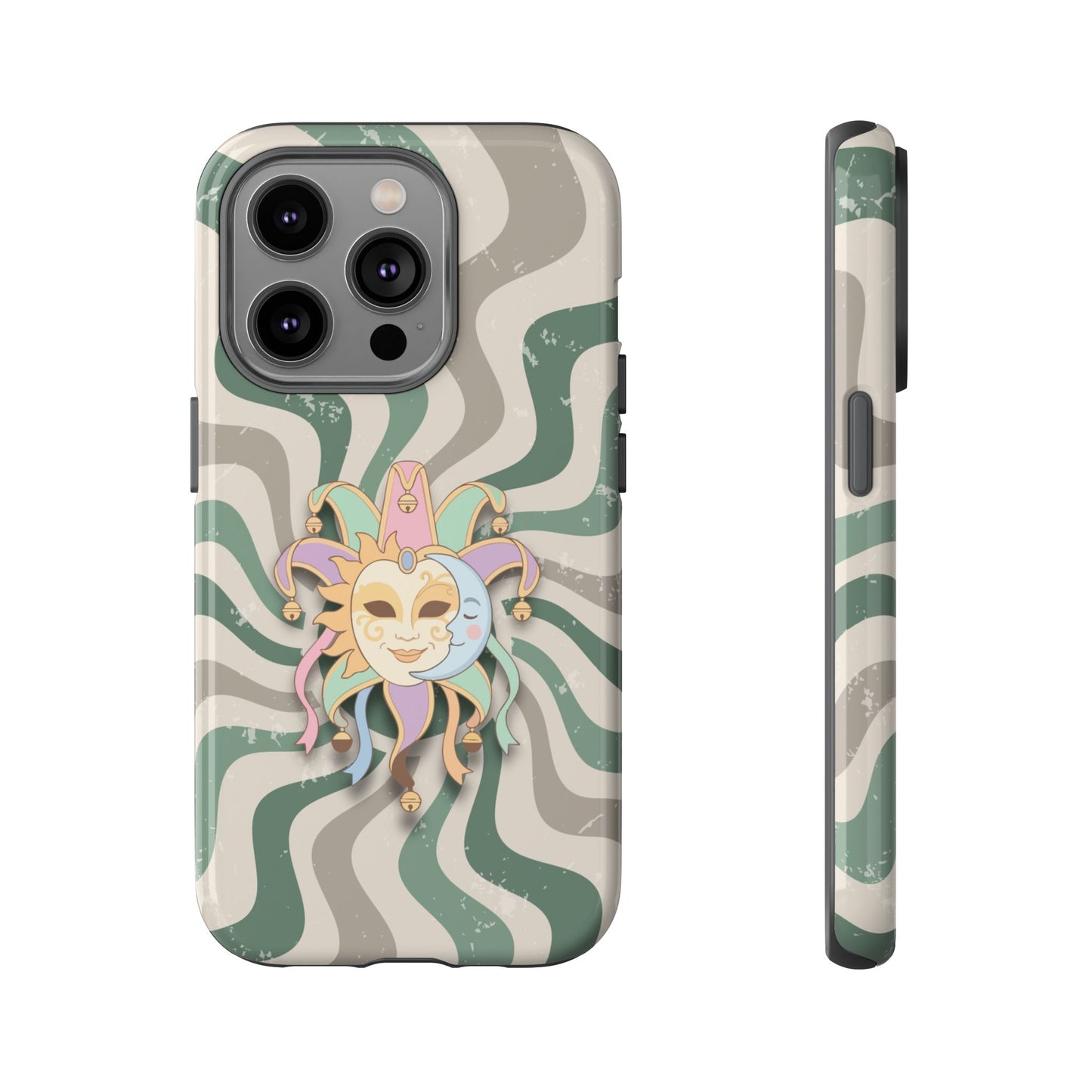 iPhone 14 Pro / Glossy Phone Case - Sun & Moon Jester Mask – Green Retro Wave Phone Case