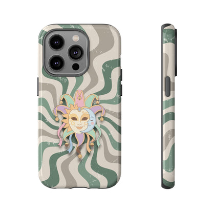 iPhone 14 Pro / Glossy Phone Case - Sun & Moon Jester Mask – Green Retro Wave Phone Case