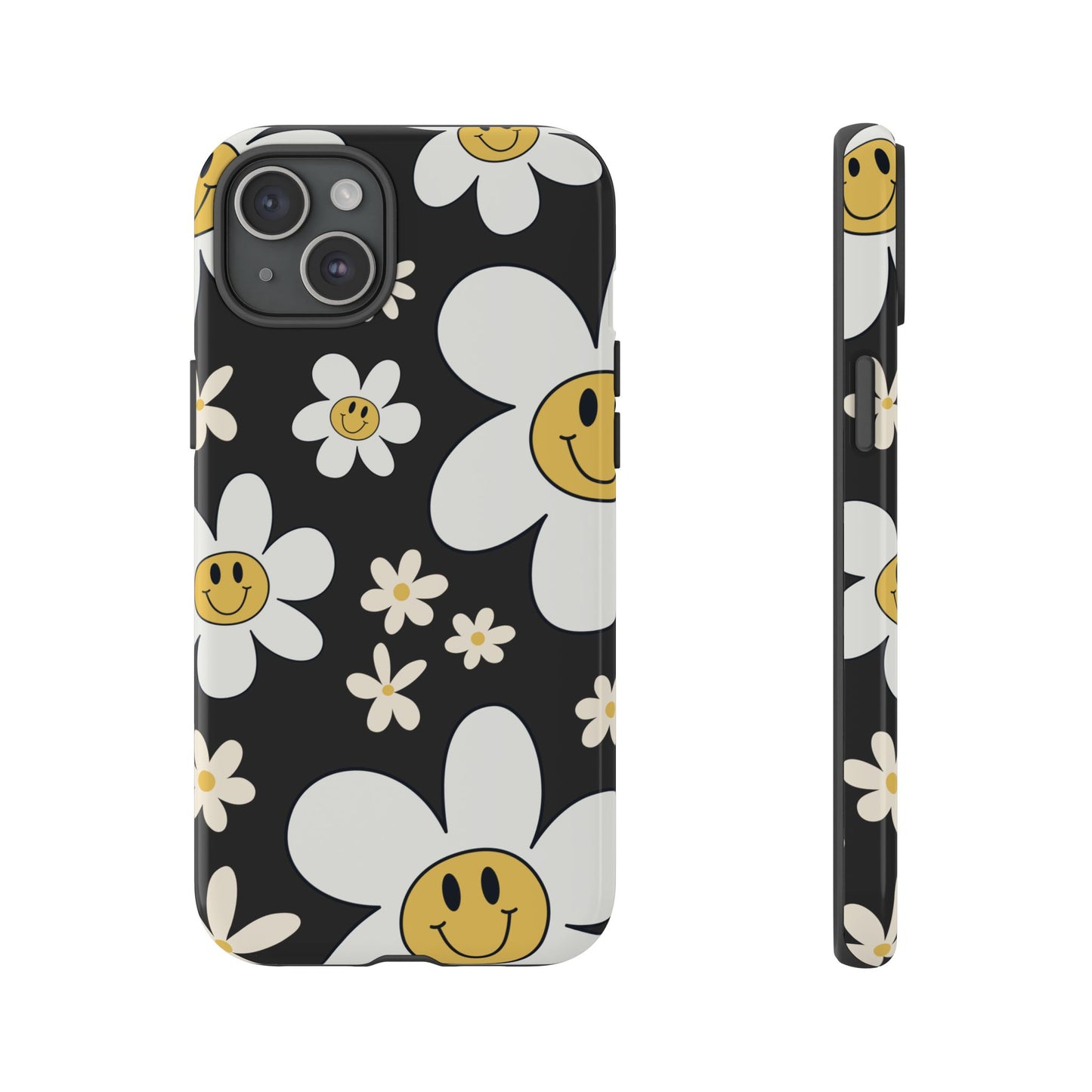 iPhone 15 Plus / Glossy Phone Case - Fun Retro Daisy Pattern with Dark Grey Background Phone Case