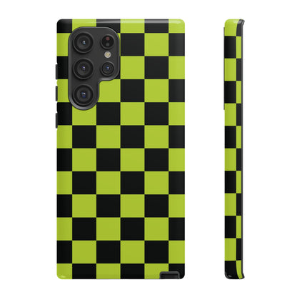 Trendy Neon Lime Green & Black Checked Pattern Phone Case - Green Phone Case - Samsung Galaxy S22 Ultra / Glossy