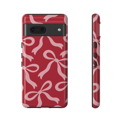 Bold Raspberry Red and Blush Pink Bow Pattern Phone Case - Red Phone Case - Google Pixel 7 / Glossy