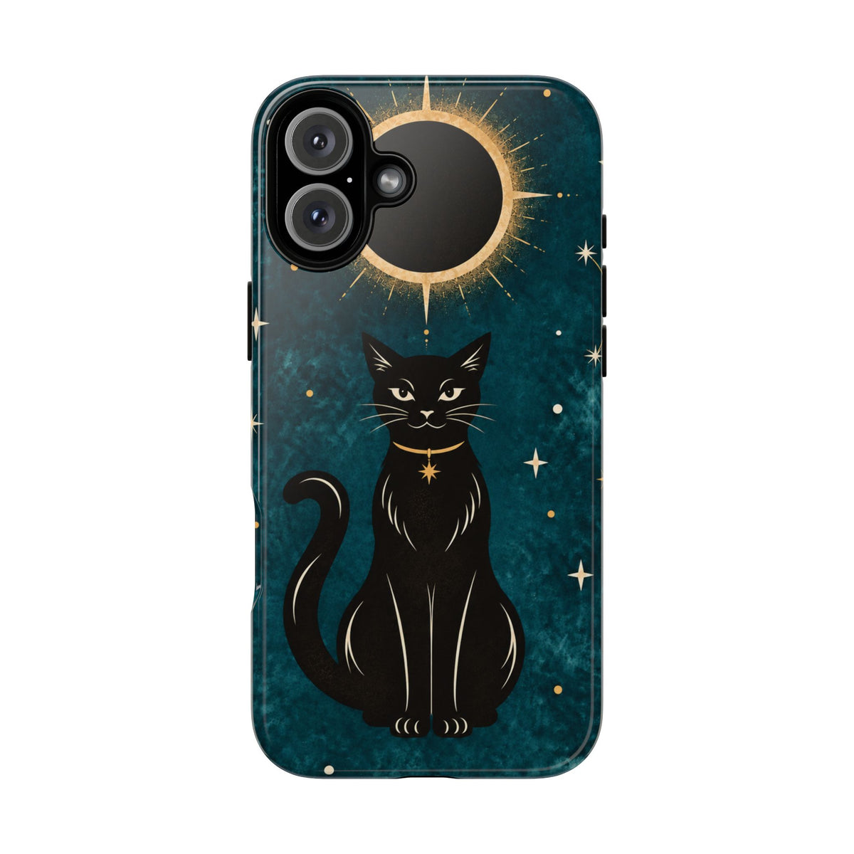 Whimsical Teal Celestial Black Cat Phone Case