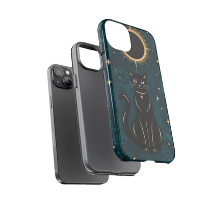 Whimsical Teal Celestial Black Cat Phone Case